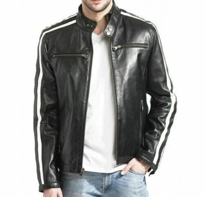 Men s Black Leather Racing Jacket White Side Stripes Moto Biker Zipper Jacket