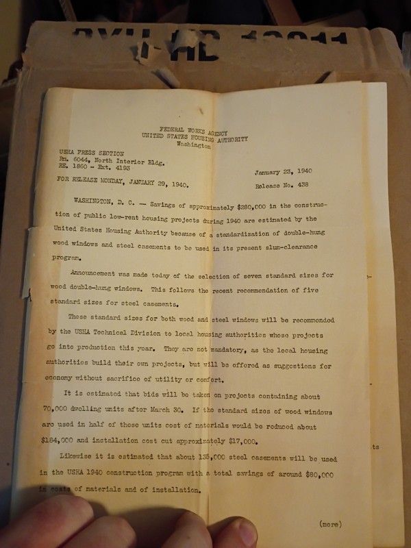 1940 Federal Works Agency / U.S. Housing Authority Press Release – New Deal Era