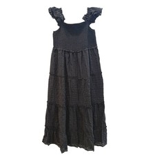 Heyson Black Smocked Tiered Maxi Dress Flutter Eyelet Hem Gingham Textured Sz 3X