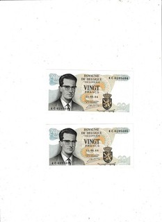BELGIUM 2 X 20 FRANCS 1964 CONSECUTIVE PAIR