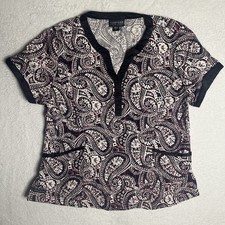 Women  s Boho Paisley Scrub Top V-Neck Medical Nursing Uniform Pink Black Large