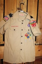 Boy Scouts of America BSA Youth Shirt Large Tan Sewn on patches Orange County