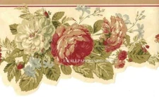 Scalloped Cottage Rose Wallpaper Border Red Green Floral Rustic Floral Decor