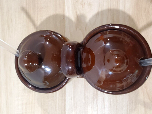 Vintage Stoneware Double Crock Jam Jelly Honey Lids Spoons Condiment FLAW READ - Picture 3 of 11