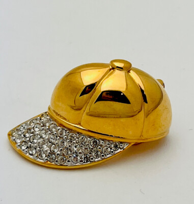 Signed Vintage Pap Gold Tone Crystal Jockeys Cap Pin Brooch