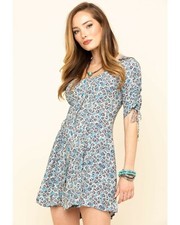 Free People Laced Up Mini Dress Medium Blue Black Western Cottagecore Boho Chic