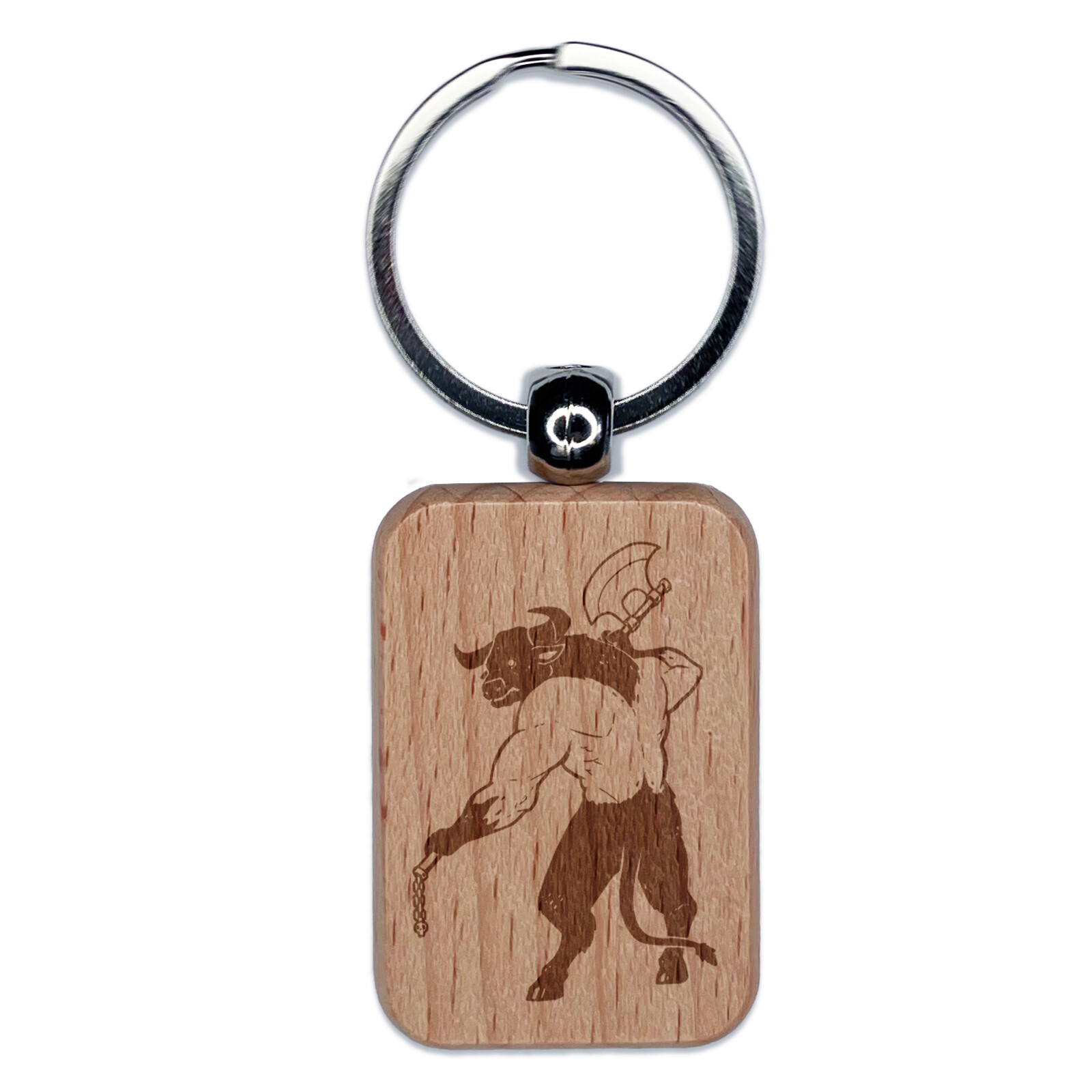 Minotaur Greek Myth Monster Engraved Wood Rectangle Keychain Tag Charm