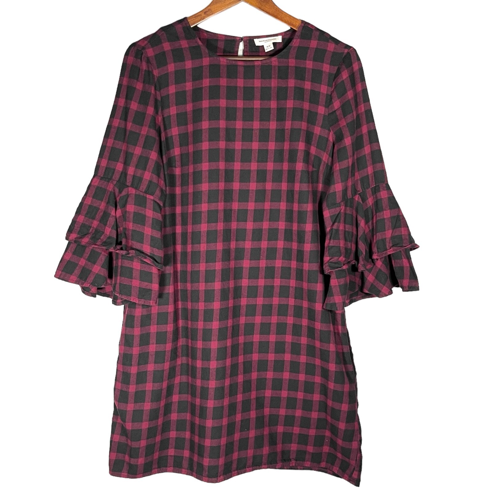 Beach Lunch Lounge Dress Size M Pink Black Plaid Cotton 3/4 Ruffle Sleeve