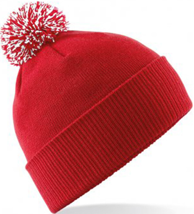 Red/White Contrast Pom Pom Beanie Hat, Ideal Gift/Present