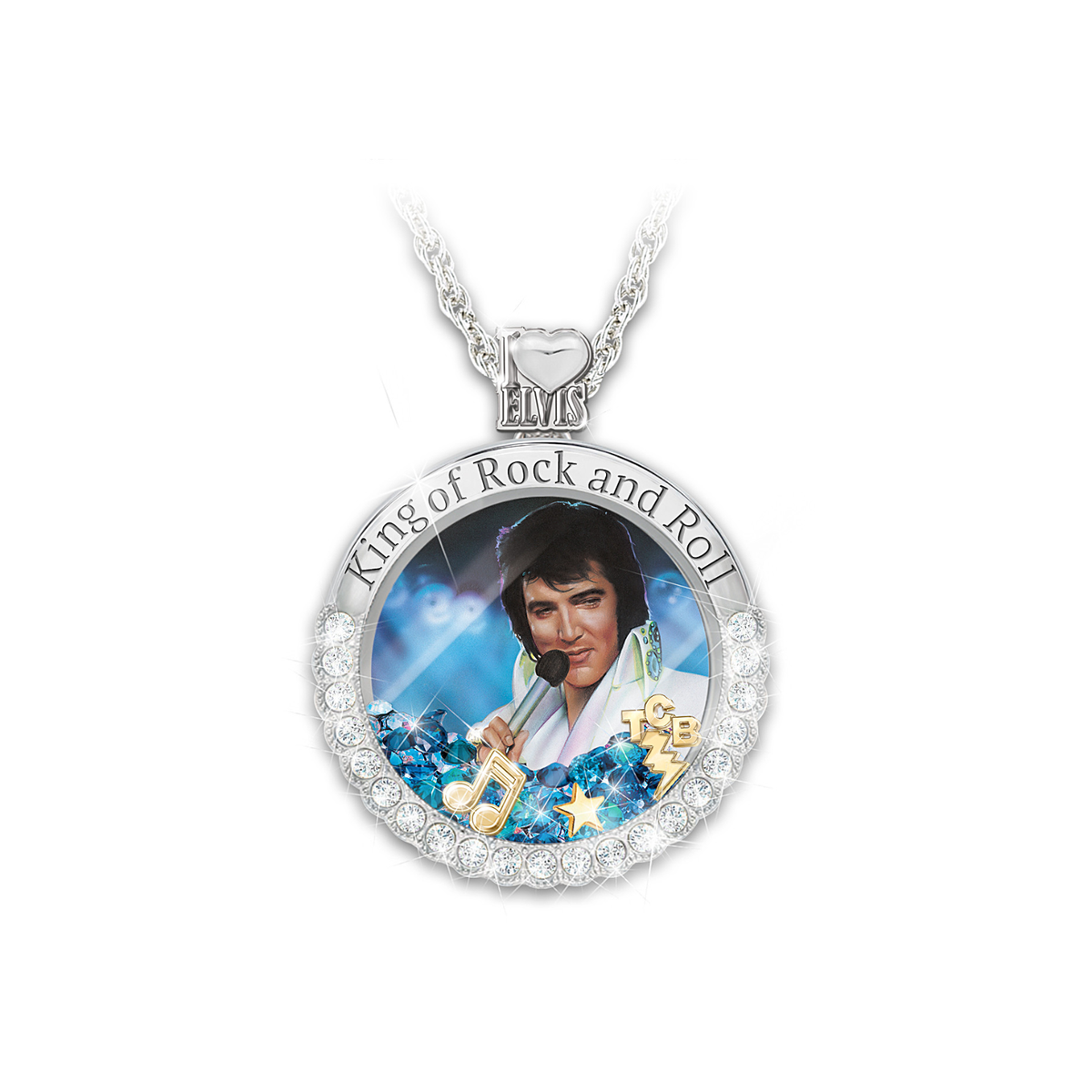 Rock And Roll Elvis Floating Crystal Pendant Necklace by The