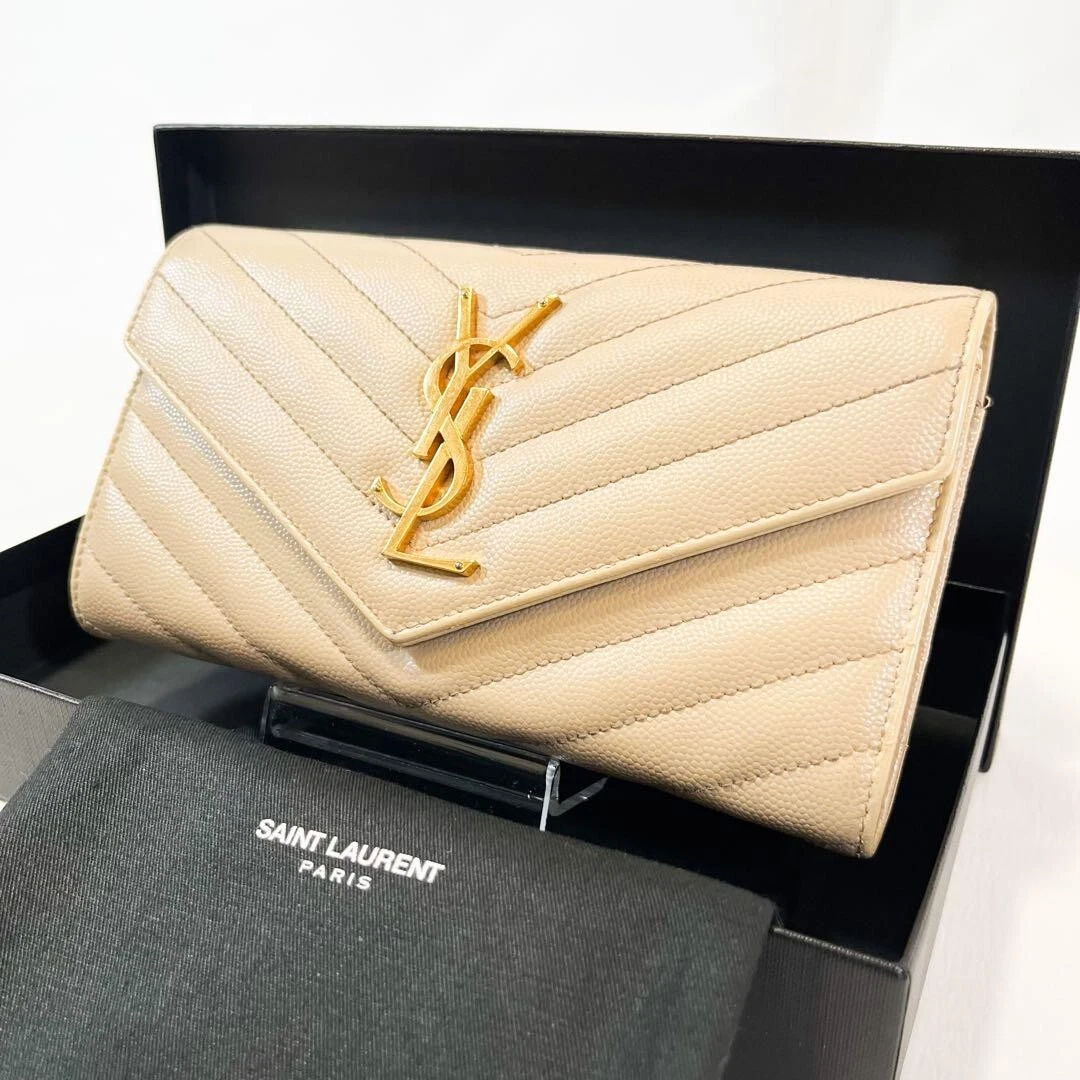 Saint Laurent Long Wallet YSL Monogram Large Flap Beige Leather w/ BOX and  Pouch