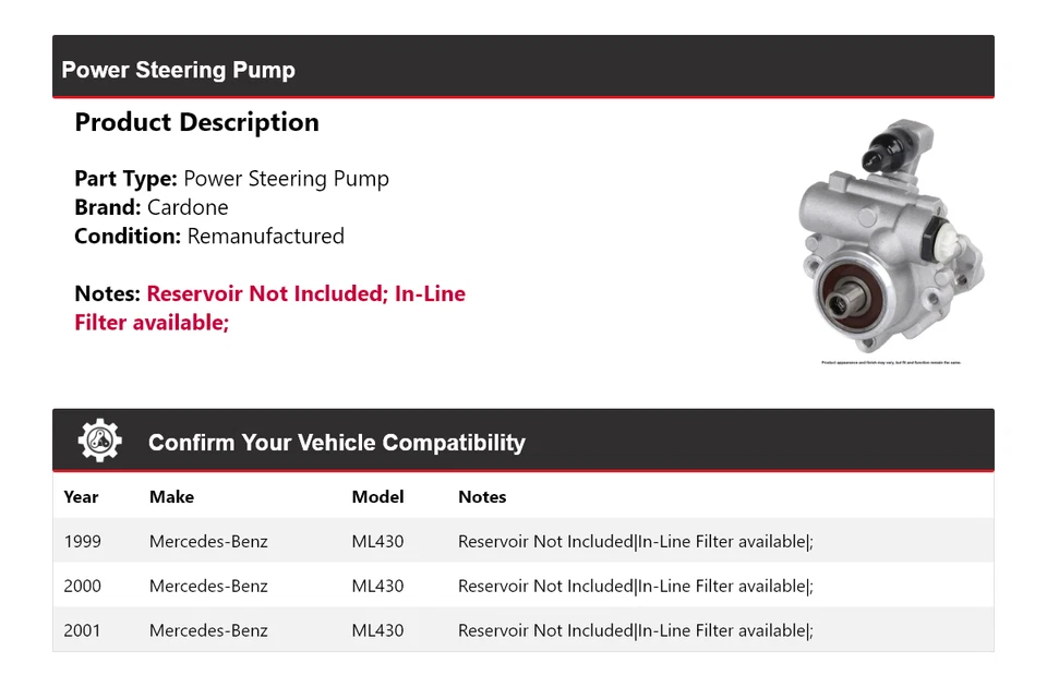 Bomba de direção hidráulica Cardone 2000 para 1999-2001 Mercedes-Benz ML430 - Imagem 2 de 4