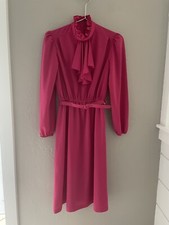 Vintage Montgomery Ward Dress Bright Pink Ruffle Long Sleeve Belt 70 s