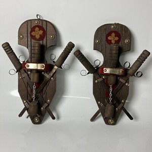 Pair Vintage 1960 Medieval Sword & Mace Wall Decor Wood Plaque Removable Weapons
