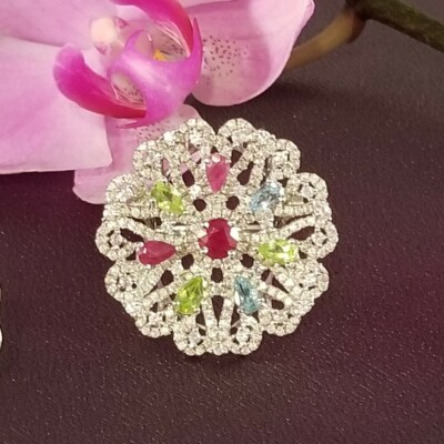 Ruby, Aquamarine, Peridot & White Sapphire Sterling Silver Cocktail Ring