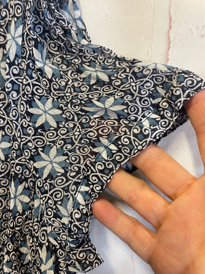 Espirit Top, Blue Floral Semi-sheer, Ruffle Accents, Women's Medium Blouse - Image 4 of 4