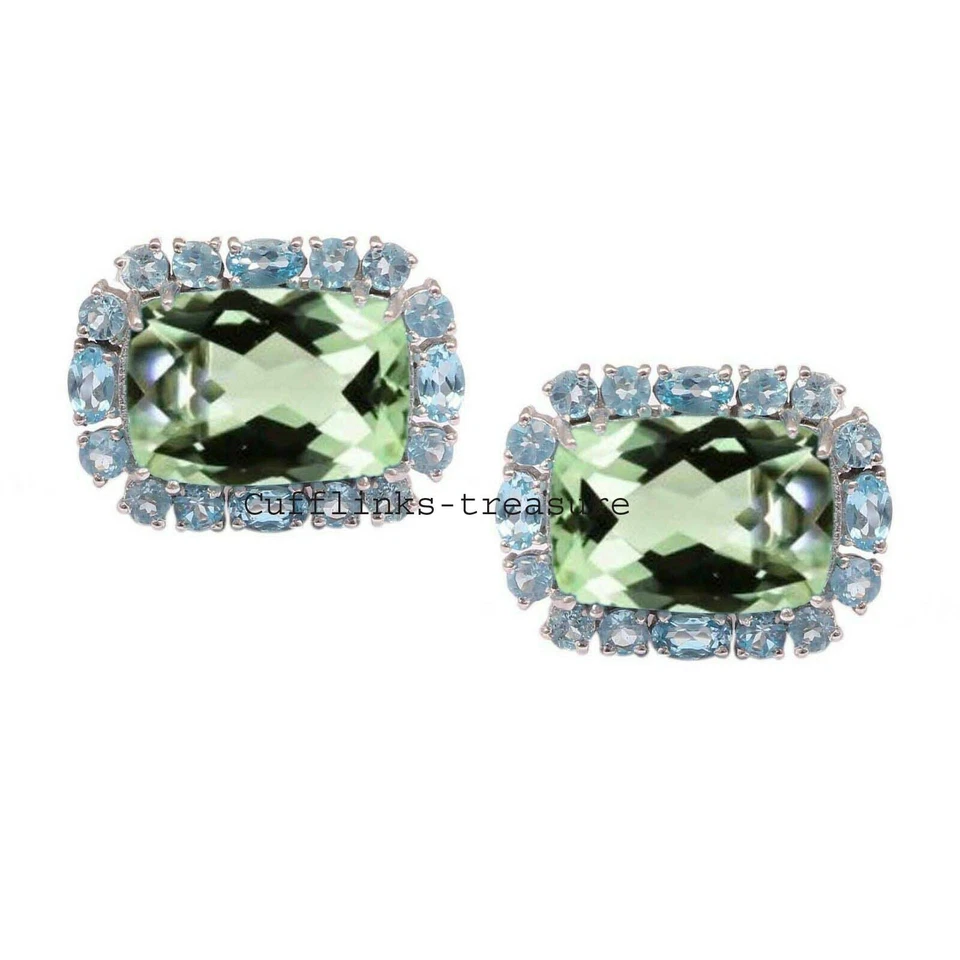 Gemas de amatista verde natural y topacio azul con gemelos de plata de ley 925 Foto 3 de 3