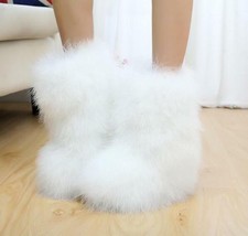 Womens Warm Soft Fluffy Faux Fur Pull On Furry Ankle Boots Winter Snow Shoes NEW