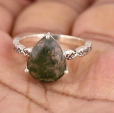 Green moss agate Pear rings in silver carved band ring with agate gemstone