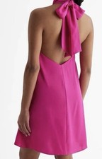 NWT Express Satin Halter Statement Bow Mini Shift Dress Xs $68 Pink Neon Berry