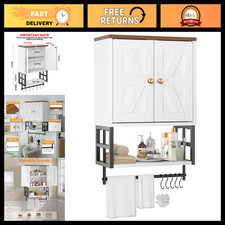 Farmhouse Bathroom Wall Cabinet with Towel Bar - White Medicine Storage Unit