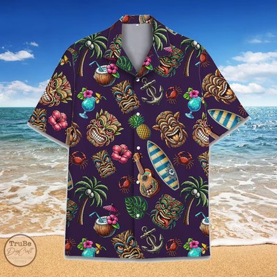 Tiki Mask Hawaiian Shirt Tropical Summer Beach Aloha