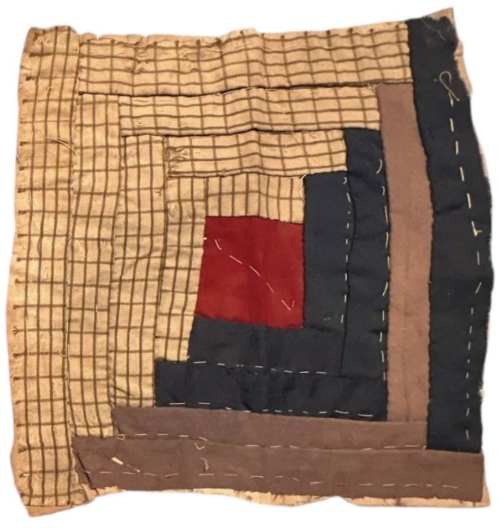 2 Vintage Cutter Quilt Pieces 13” x 13” Each Log Cabin Early Fabrics - Image 4 of 4