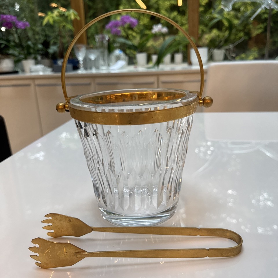 Vintage BACCARAT ARMAGNAC Crystal & Gold Trim Ice Bucket with Handle & Tongs