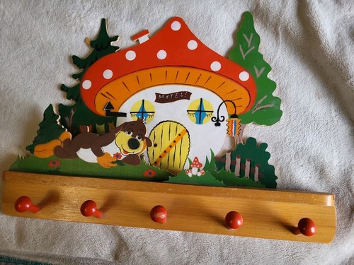 Vintage Wooden Childs Coat Hanger Mushroom And Dog