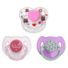 Cute Pink Purple Magnetic Pacifiers 3 Piece Set for Reborn Baby Dolls Girl Feedi
