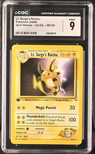 CGC 9 MINT Lt. Surge's Raichu 28/132 Gym Heroes 1st Edition Pokemon Card