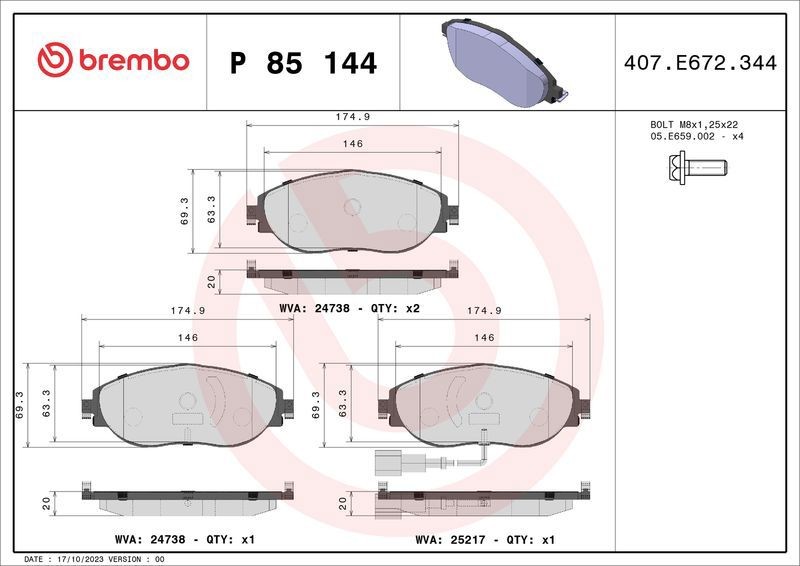 P 85 144X Brake Pad Set Front Braking Fits Audi A3 Allstreet Sportback By Brembo