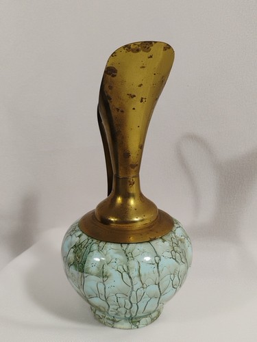 Vtg Delft Holland? 8” Brass/Marbled Ceramic Pitcher Vase Hand Painted Blue Gold - Picture 2 of 9