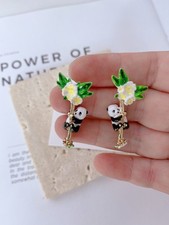 One-of-a-Kind Panda Enamel Stud Earrings  Gold Chain, Bear  Flower Design