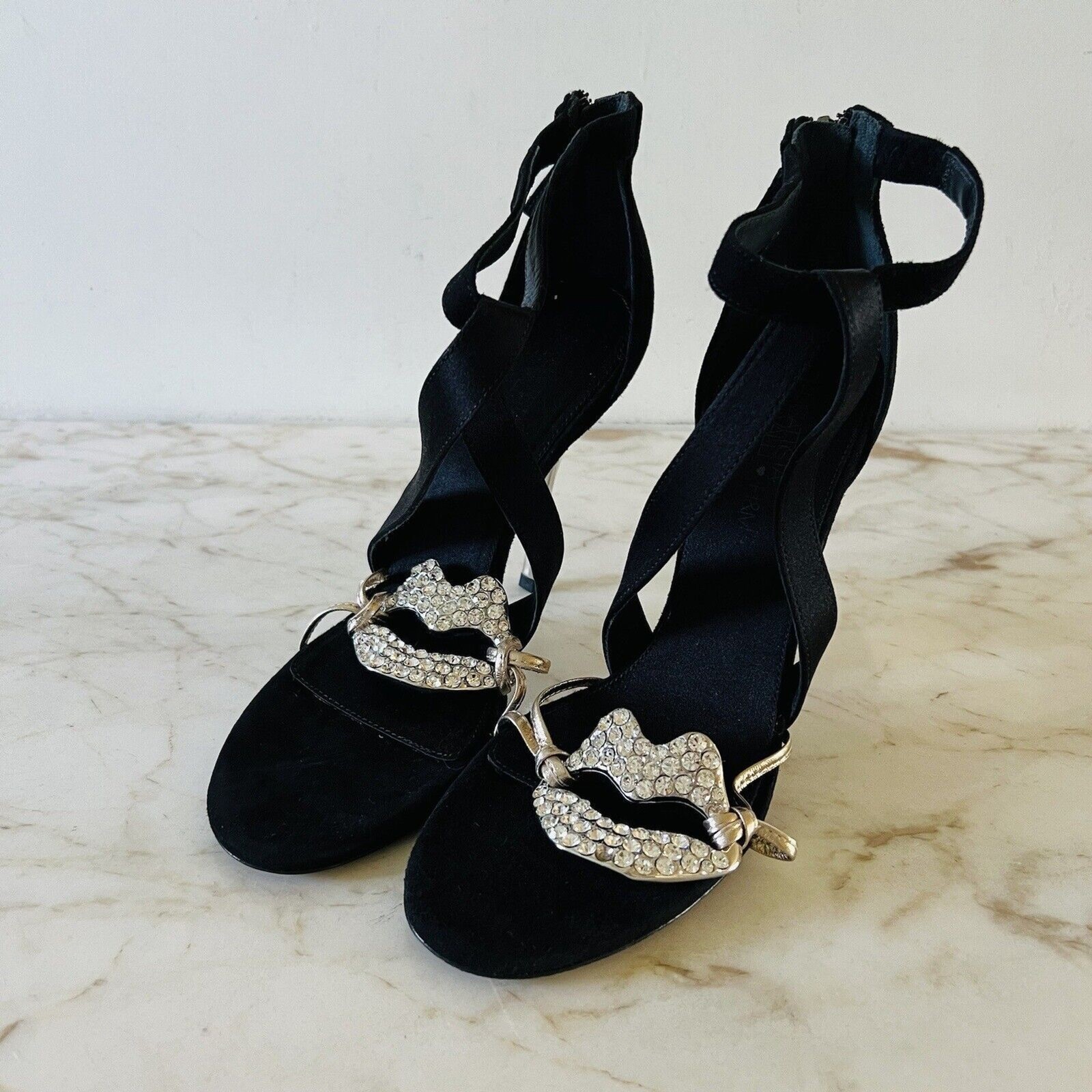 2019 GIAMBATTISTA VALLI x H&M Suede Black Crystal Lips Sandals Heels - EU 8/US 7