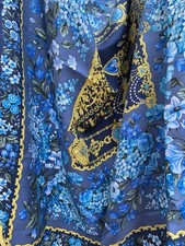 Y1 SPADACINI Victorian Baroque Scarf 100 Silk Blue Floral Gold Chain 34x33 In
