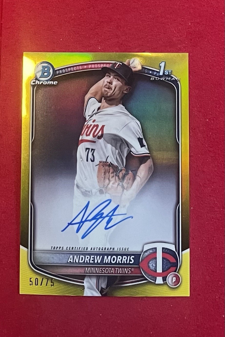 2025 Bowman Andrew Morris 1st Chrome True Yellow Auto /75 Minnesota Twins