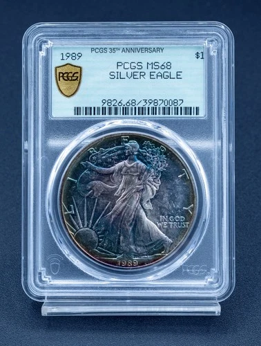 1989 PCGS MS68 Silver Eagle - TONED - Gold Shield - Green 35th label