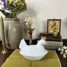 Vintage Hen On A Nest Indiana White Milk Glass Covered Candy Dish Cottagecore