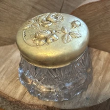 Antique Art Nouveau Cut Glass With Rose Embossed Brass Lid Dresser Vanity Jar 3"
