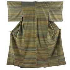 JAPANESE KIMONO TSUMUGI BROWN-GREEN 157.5cm 5 ft 2 in PURE SILK B3043