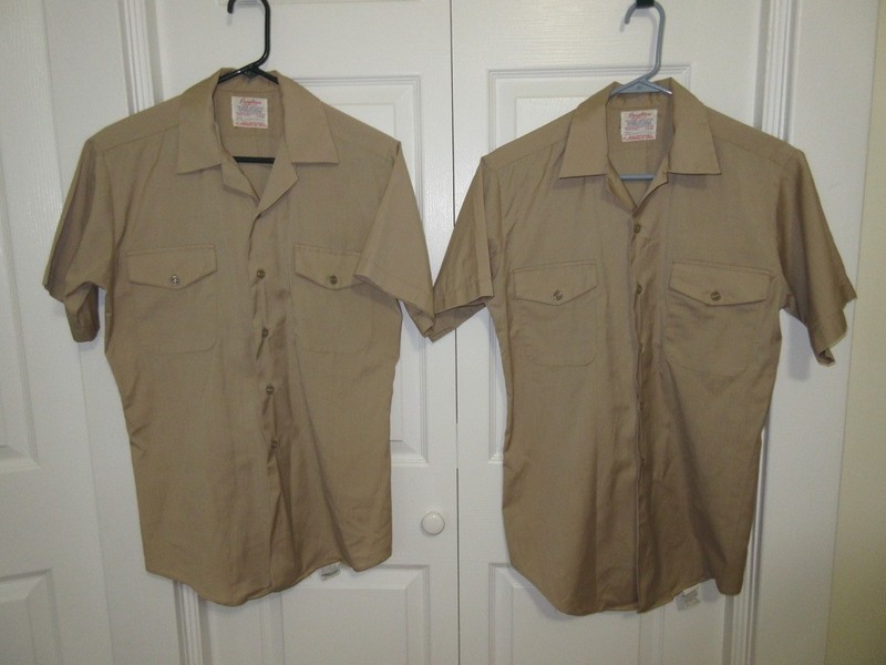 2 Vintage US Navy Uniform Shirt Khaki Creighton Half Sleeve Open Collar 14/14.5