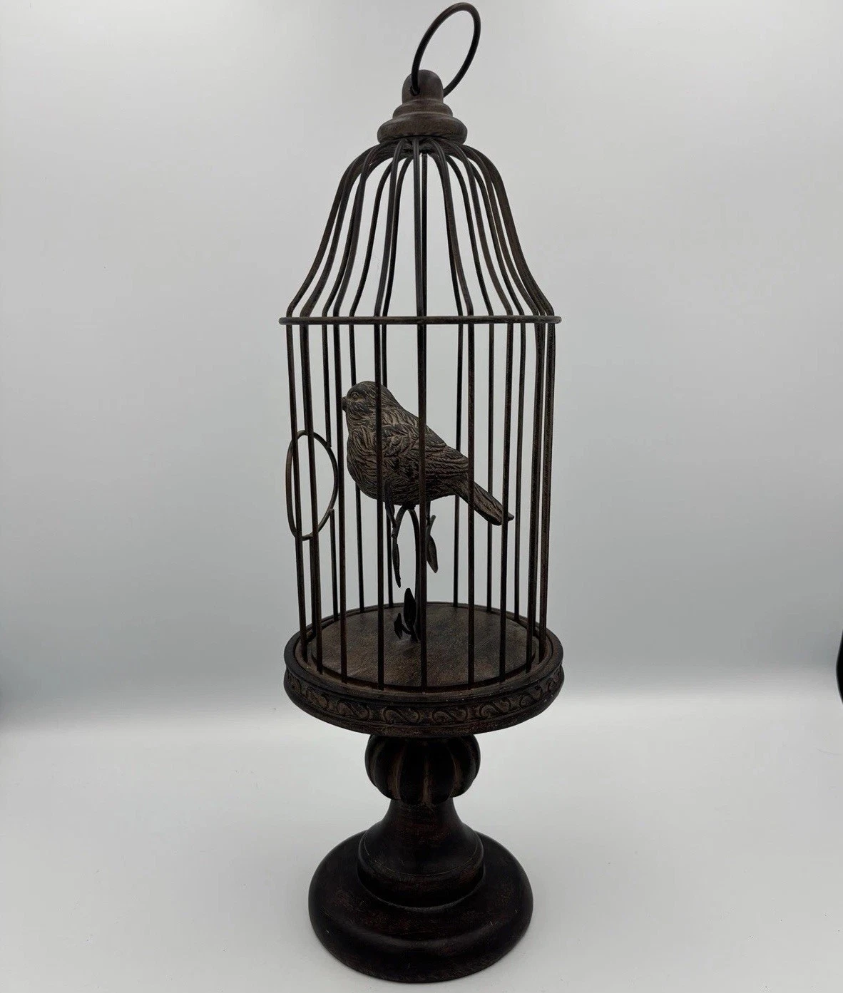 Decorative Metal / Wood Hanging Bird Cage with Bird 15.5" x 5" Brown