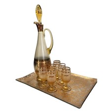 VTG Glass Art Deco 8 pc Frost & Gold Decanter Barware Set 6 glasses tray