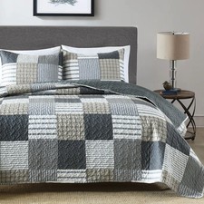3-Piece Queen Quilt Set, Lightweight Soft Full Size Quilt Gray Patchwork Farm...
