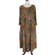 Natural Life Wms Floral Print Maxi Dress Mustard 3/4 Sleeve Soft Knit Prairie