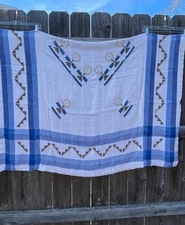 Vintage Linen Tablecloth 6 Matching Napkins Blue White Brown Southwestern Design