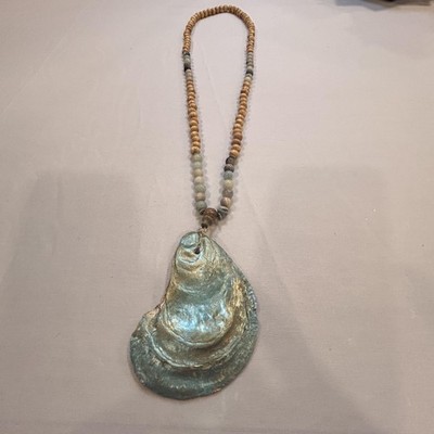 Necklace Blue Turquoise Oyster Shell Pendant Beaded 32'' Beach Sea Life Womens