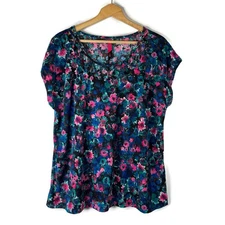 Pure Energy Womens Tunic Top Size 3X Blue Floral Round Neck Cutout Short Sleeve