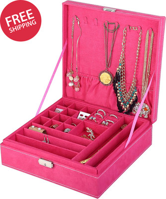 Two-Layer Jewelry Box Organizer Display Storage Case with Lock (Rose)